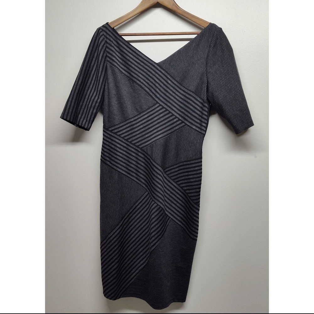 Maggy London Midi Dress Women Size 14 Black Gray Stripes Stretch Short Sleeve